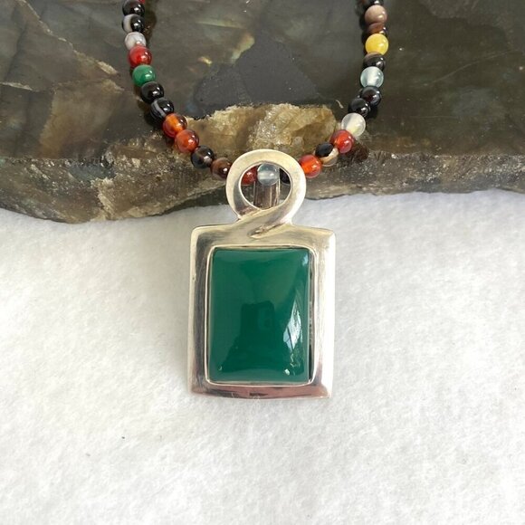 Sterling Silver 925 Multicolor Beaded Green Chrysoprase Pendant Necklace 18" - Picture 2 of 16